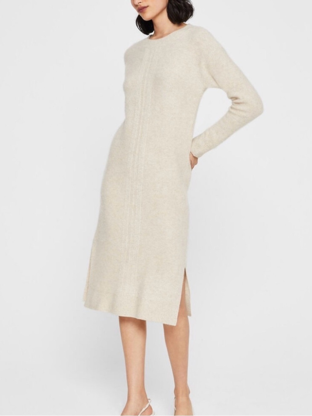 Club Monaco Cream Rib-Detail Long Sleeve Midi Dress EUC